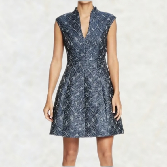 Halston Heritage Dresses & Skirts - Halston Gray Blue Metallic Tailored Sleeveless Fit Flare Mini Dress V Neck- sz 0